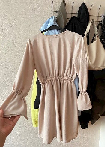 Bej Keten Mini Tunik, Uzun Kollu, Fırfırlı - Görsel 3