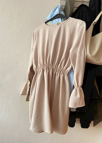 Bej Keten Mini Tunik, Uzun Kollu, Fırfırlı - Görsel 2