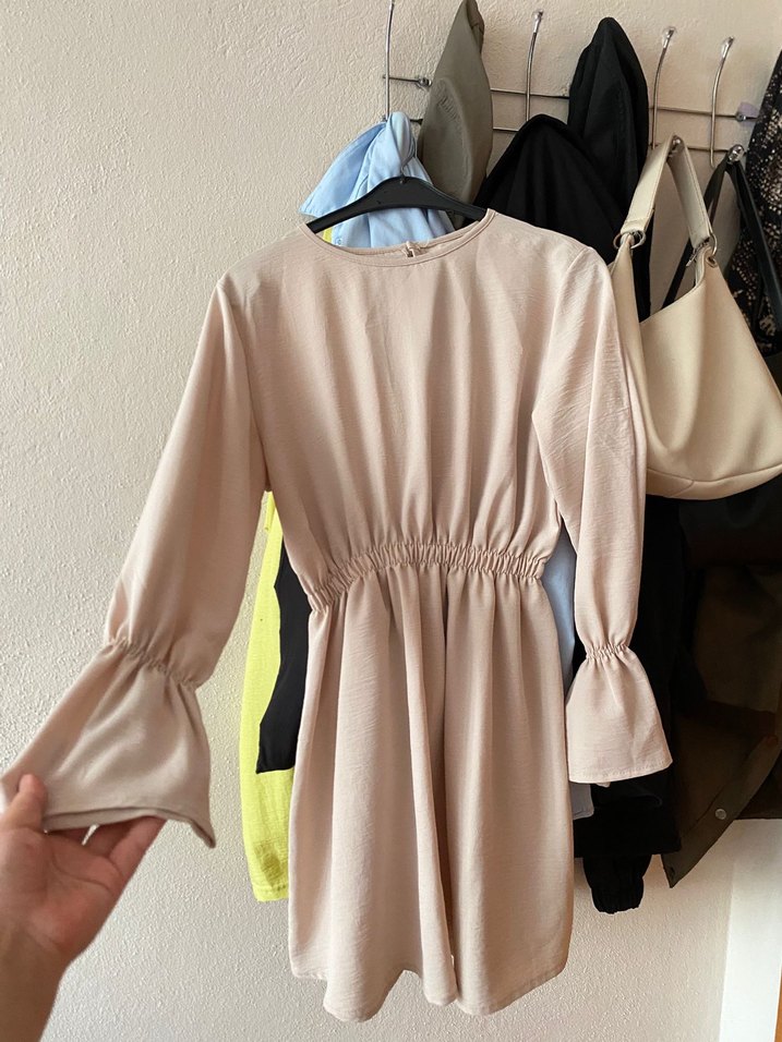 Bej Keten Mini Tunik, Uzun Kollu, Fırfırlı - Görsel 3