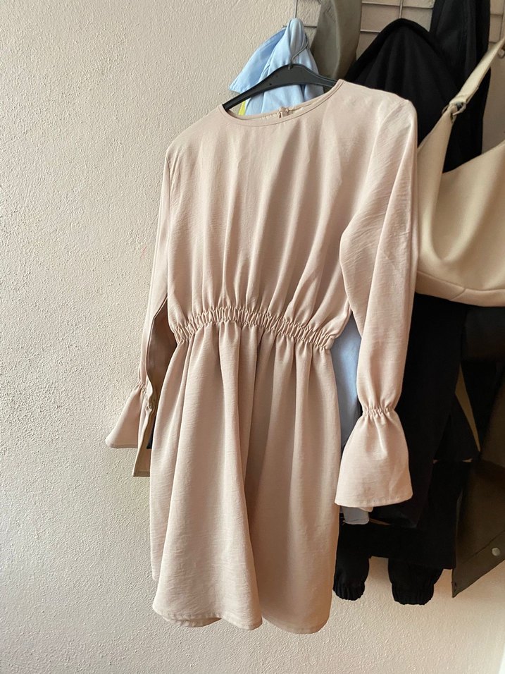 Bej Keten Mini Tunik, Uzun Kollu, Fırfırlı - Görsel 2