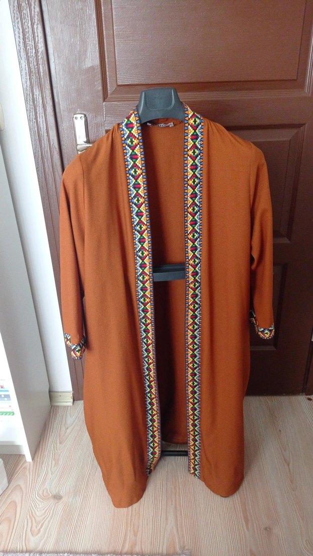 Nakışlı Kahverengi/kiremit Uzun Kimono - Görsel 2