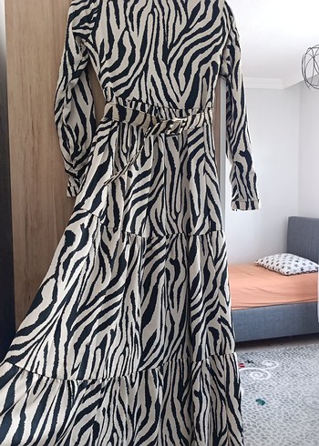 Diğer Bohem Zebra Desenli Uzun Kemerli Elbise