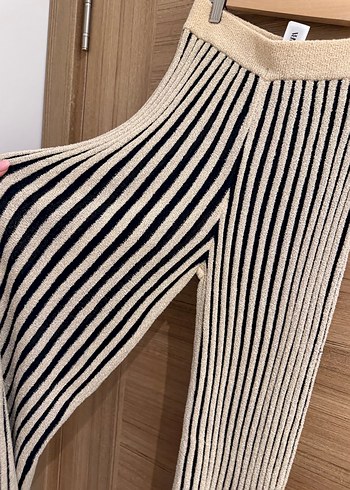 s Beden camel Renk Bej Zebra Desenli Triko Kadın Pantolon