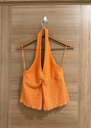 Turuncu Halter Yaka Kısa Kadın Body