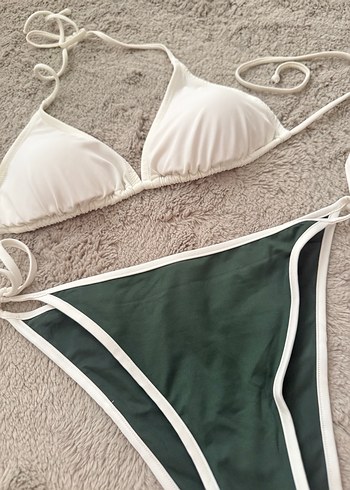 38 Beden Beyaz Üst ve yeşil Alt İpli Bikini Takımı