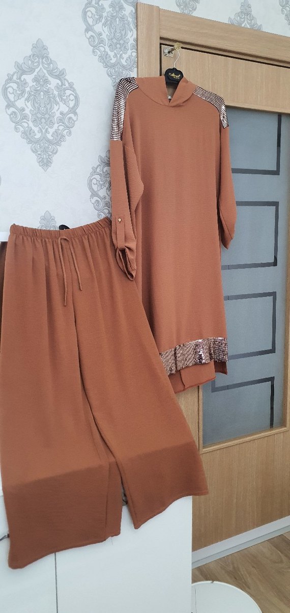 Kahverengi Kadın Takım pantolon tunik takım - Görsel 2