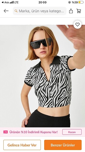 Koton zebra desenli crop bluz