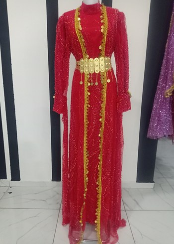 satılık yöresel Uzun Kollu Kırmızı İşlemeli Kadın Kına Elbisesi