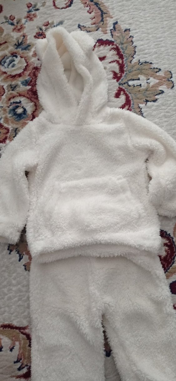 Beyaz Kapüşonlu Kürklü Bebek alt üst takım - Görsel 3
