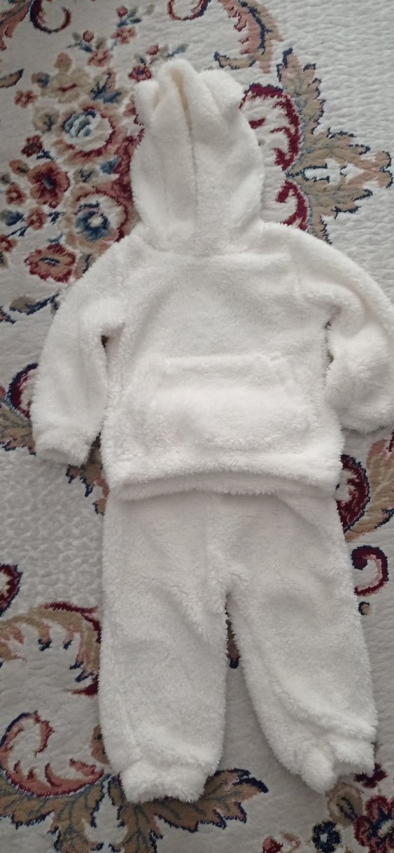 Beyaz Kapüşonlu Kürklü Bebek alt üst takım - Görsel 2