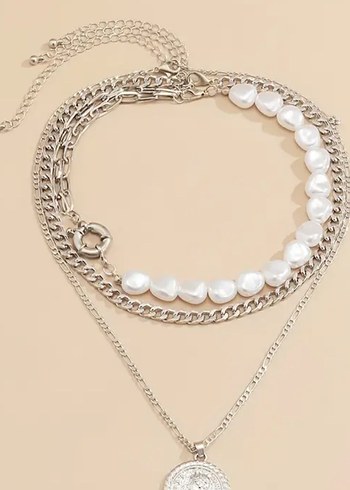 3 parça Bohem Zincir Detaylı Vintage Gri Kadın Kolye - Görsel 2