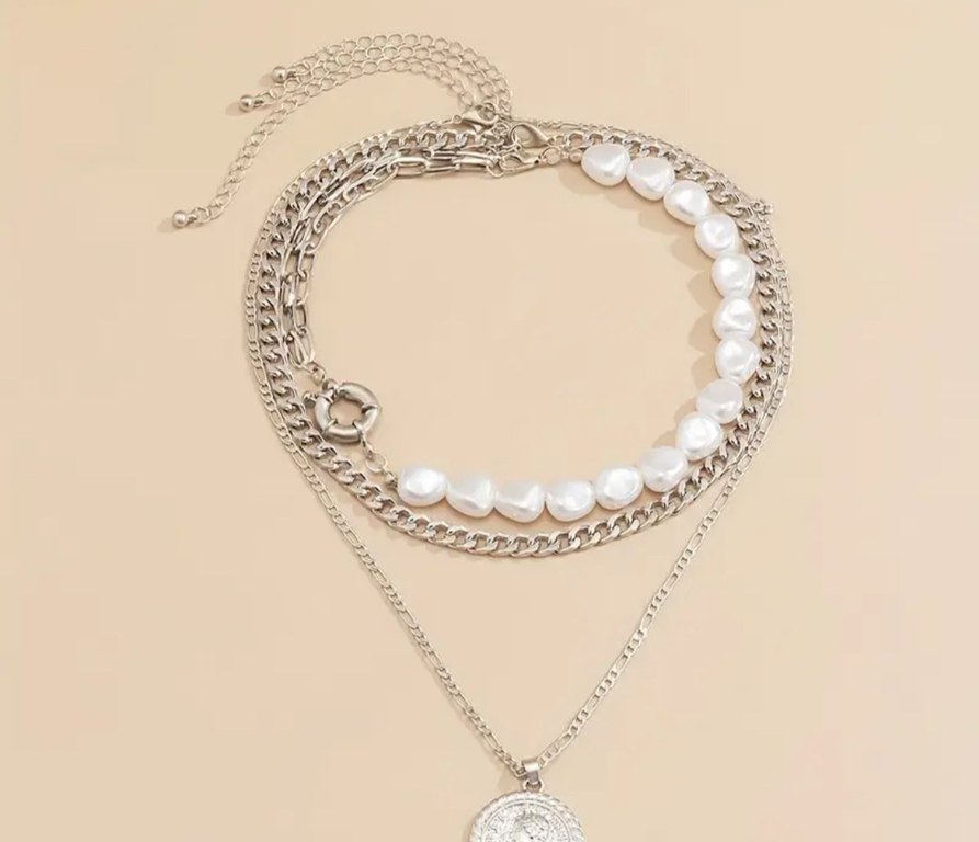 3 parça Bohem Zincir Detaylı Vintage Gri Kadın Kolye - Görsel 2