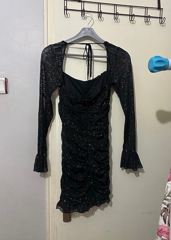 xs Beden siyah Renk Uzun Transparan Kollu Mini Elbise