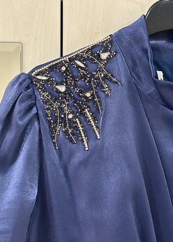 Drapeli Lacivert Uzun Abiye Elbise - Görsel 4