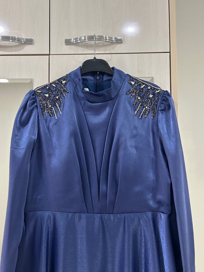 Drapeli Lacivert Uzun Abiye Elbise - Görsel 3