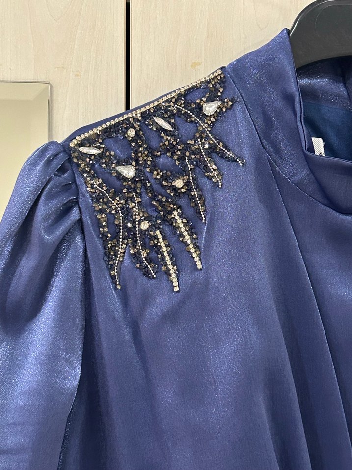 Drapeli Lacivert Uzun Abiye Elbise - Görsel 4