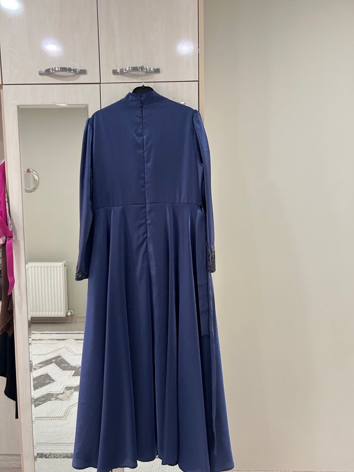 Drapeli Lacivert Uzun Abiye Elbise - Görsel 5