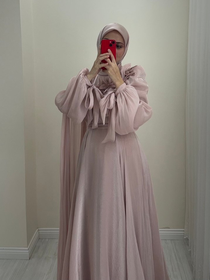 Pembe Drapeli Yüksek Yakalı Abiye (kiralık) - Görsel 4