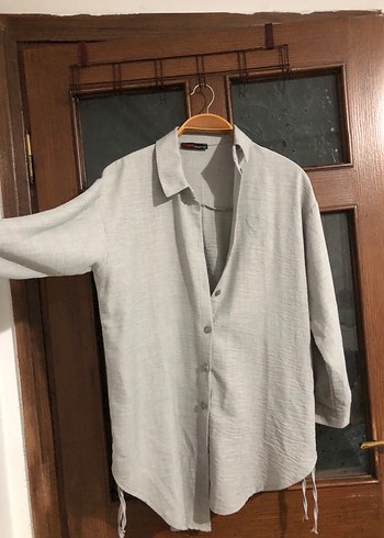 Gri Keten Düğmeli Uzun Kollu Kadın Gömlek - Görsel 2