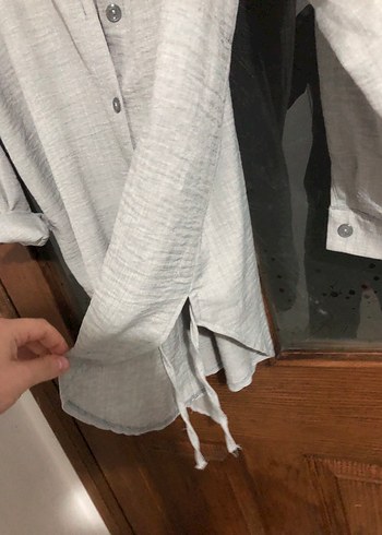 Gri Keten Düğmeli Uzun Kollu Kadın Gömlek - Görsel 6