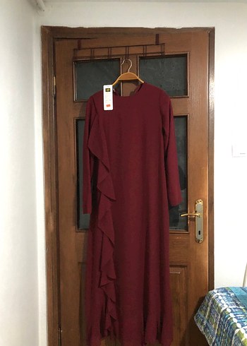Bordo Drapeli Uzun Kollu Uzun Elbise - Görsel 5