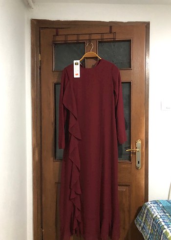 Bordo Drapeli Uzun Kollu Uzun Elbise - Görsel 2