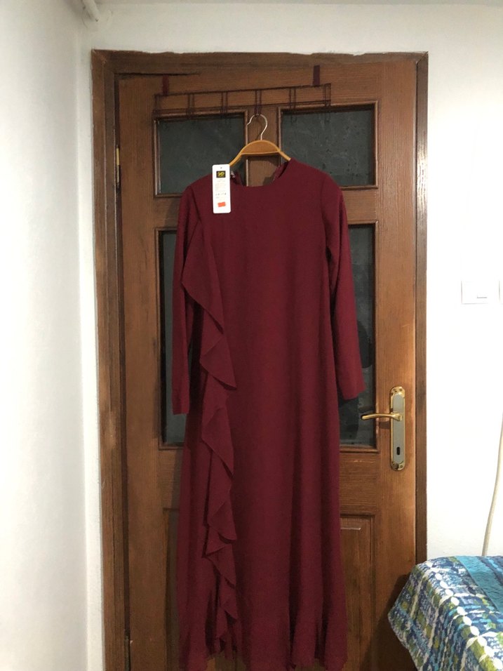 Bordo Drapeli Uzun Kollu Uzun Elbise - Görsel 5