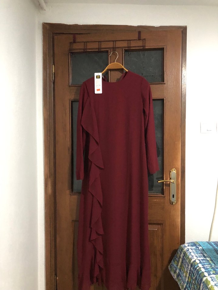 Bordo Drapeli Uzun Kollu Uzun Elbise - Görsel 2