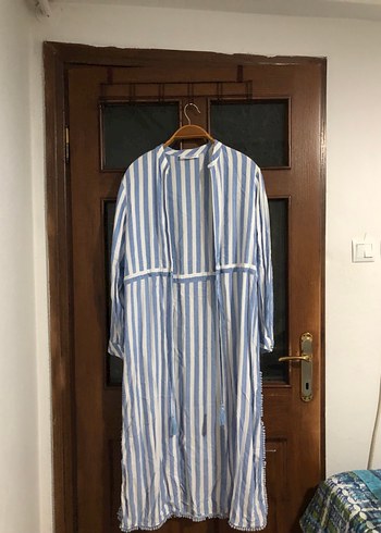 Mavi Bohem Çizgili Bornoz - Görsel 2