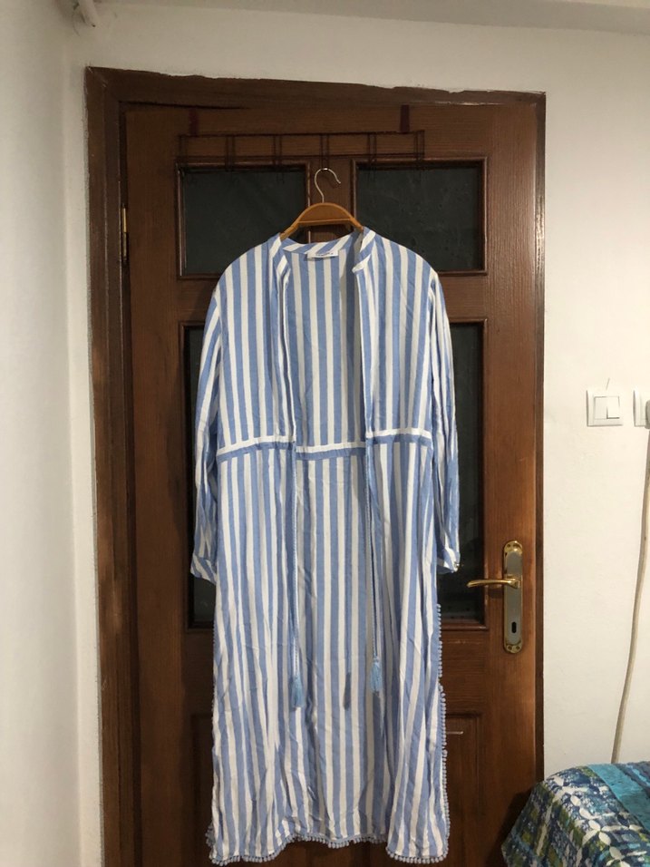 Mavi Bohem Çizgili Bornoz - Görsel 2