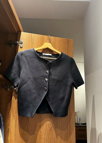 Düğmeli lacivert Kısa Kollu Kadın Hırka - Görsel 2