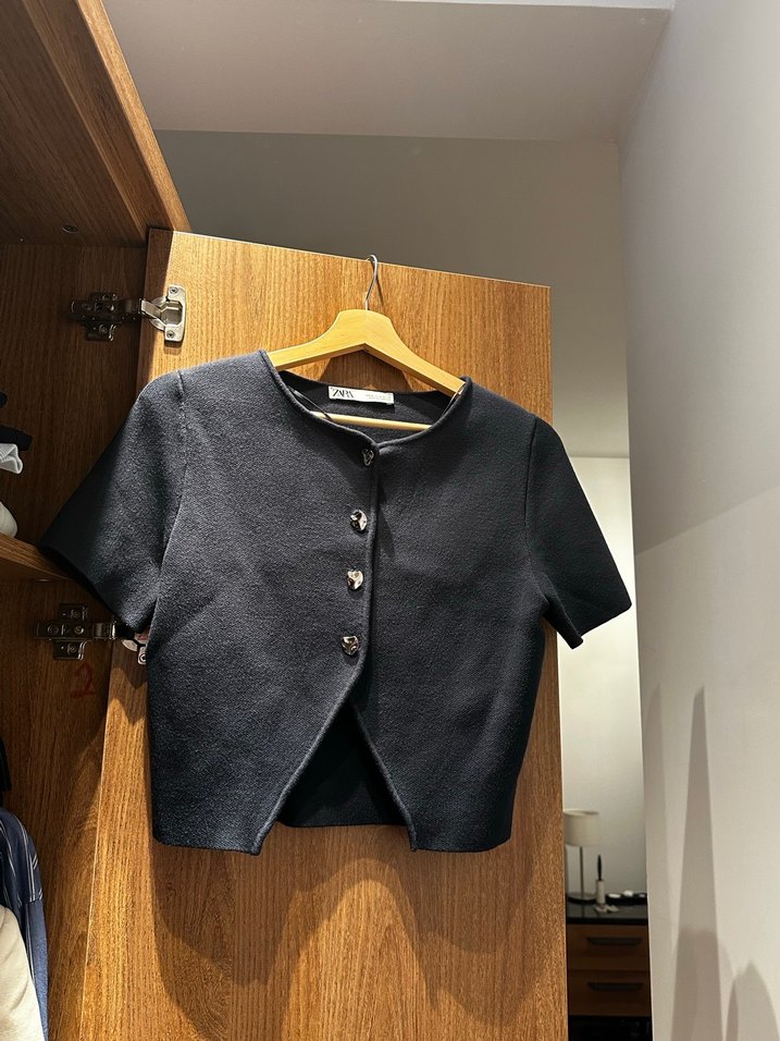 Düğmeli lacivert Kısa Kollu Kadın Hırka - Görsel 2