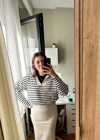 Krem Kadın Uzun triko Etek - Görsel 3