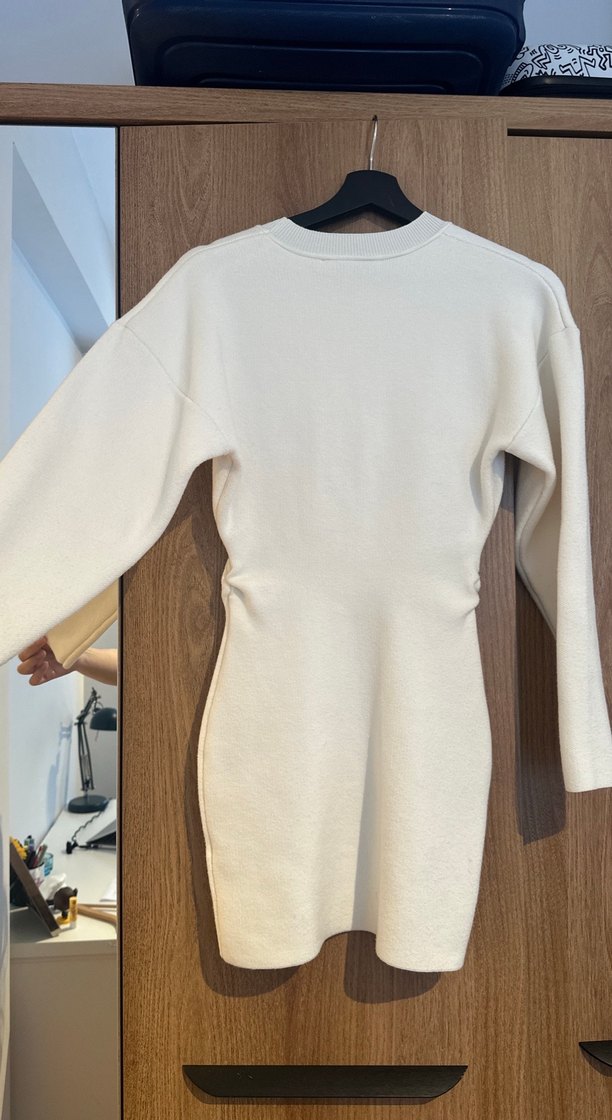 Beyaz Uzun Kollu Triko Midi Elbise - Görsel 5