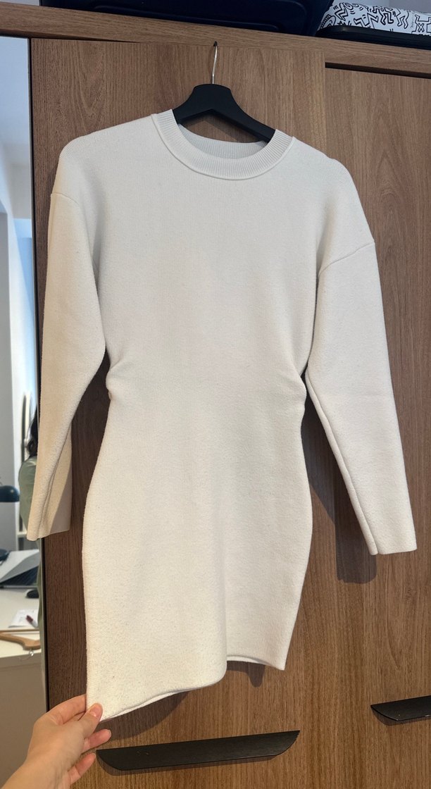 Beyaz Uzun Kollu Triko Midi Elbise - Görsel 3