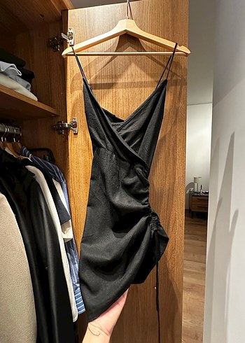 Siyah V Yaka Drapeli  Elbise - Görsel 6