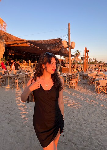 Siyah V Yaka Drapeli  Elbise - Görsel 7