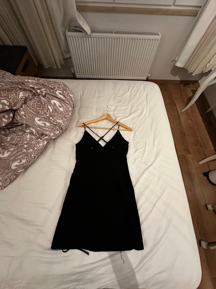 Siyah V Yaka Drapeli  Elbise - Görsel 2