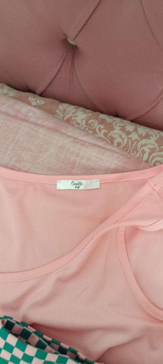 Pembe ve Yeşil piti kareli krop İspanyol tayt takım - Görsel 2