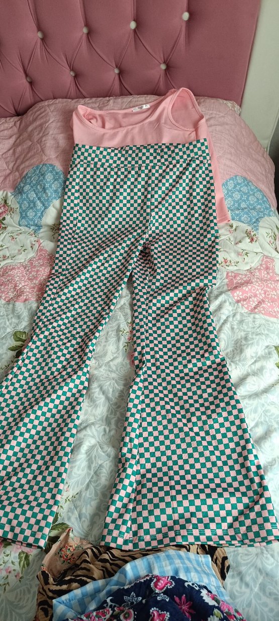 Pembe ve Yeşil piti kareli krop İspanyol tayt takım - Görsel 4