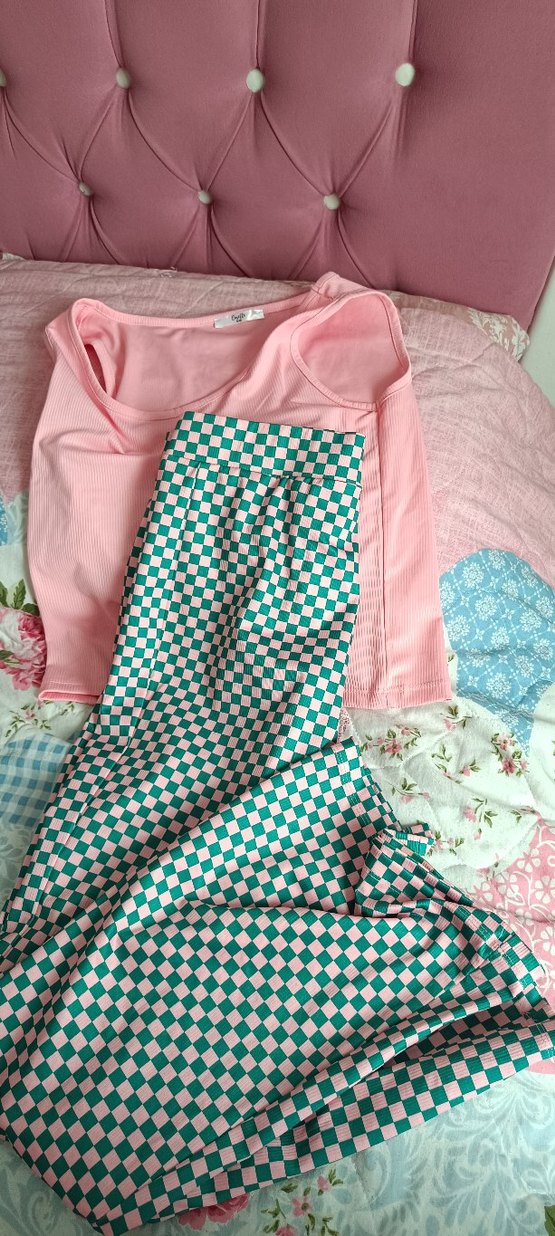 Pembe ve Yeşil piti kareli krop İspanyol tayt takım - Görsel 3