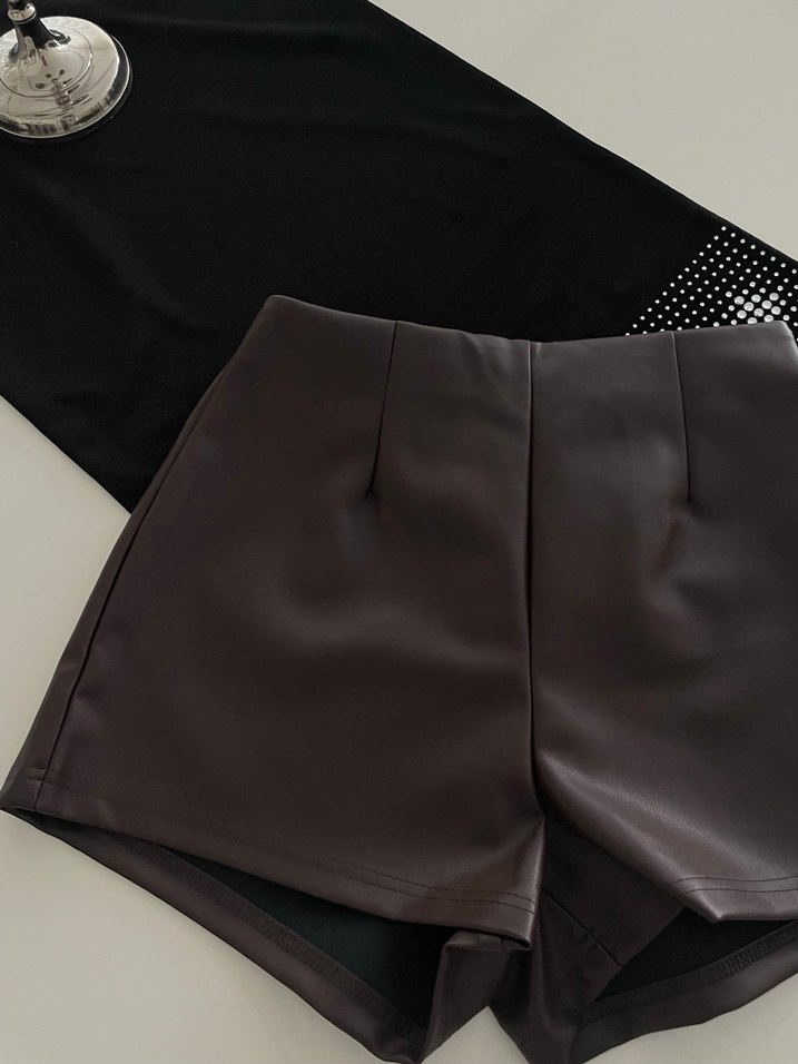 acı kahve deri şort - Görsel 2