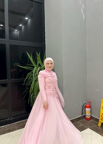 Pembe Uzun Kollu Drapeli Abiye Elbise - Görsel 2