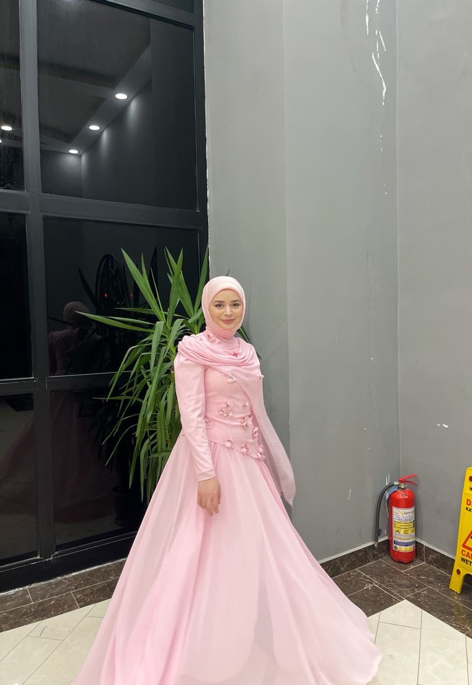 Pembe Uzun Kollu Drapeli Abiye Elbise - Görsel 2