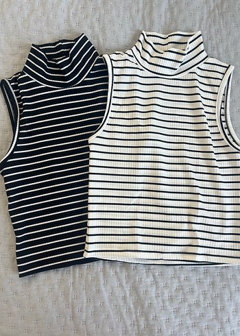 Çizgili Yarım Balıkçı Yaka Kadın Crop Top 2li.