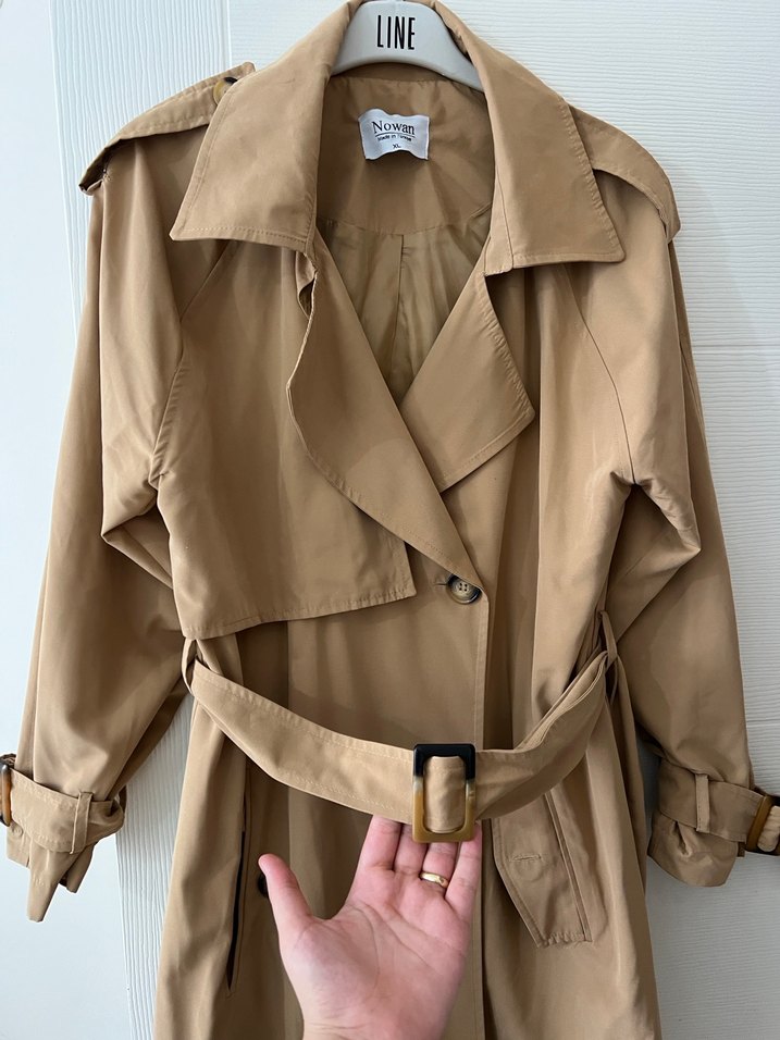 Bej Kuşaklı Uzun Kadın Trençkot - Görsel 3