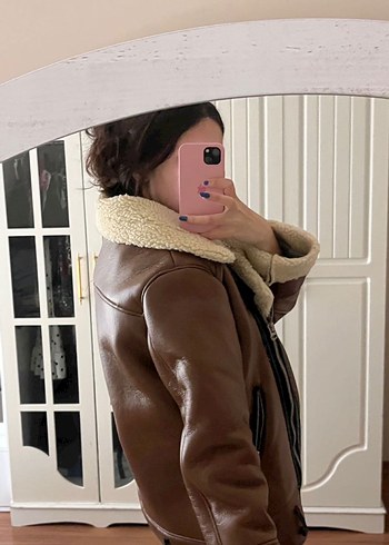 28 Beden Kahverengi Kürklü Deri Kadın Kışlık Ceket
