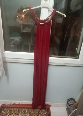 Kırmızı Uzun Drapeli Kadın Elbise - Görsel 2