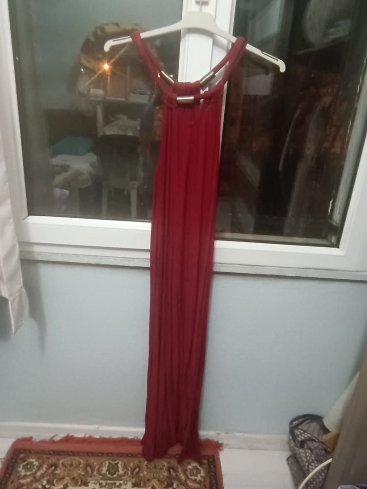 Kırmızı Uzun Drapeli Kadın Elbise - Görsel 2