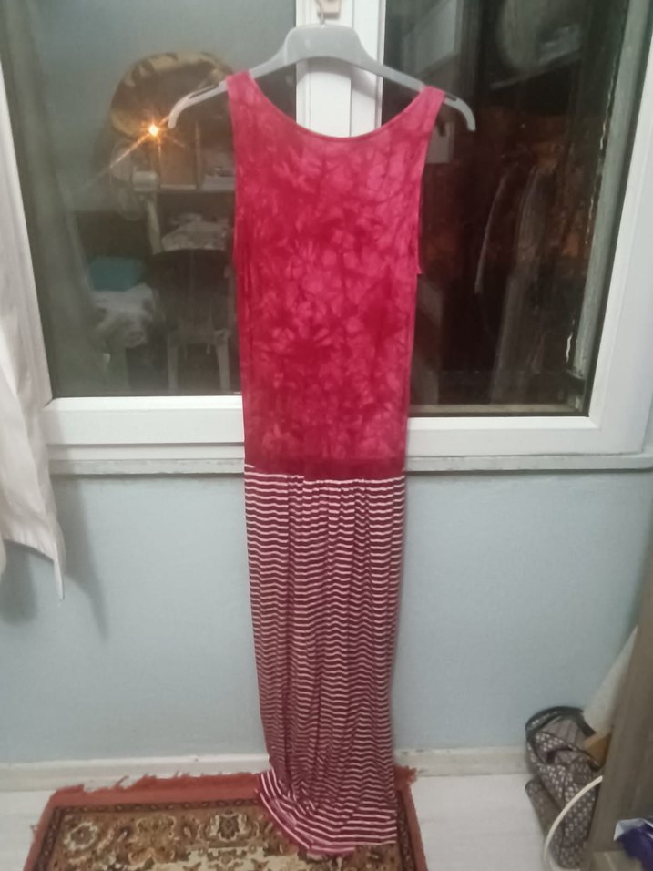 Bordo Bağlama Desenli Uzun Salaş Elbise - Görsel 2